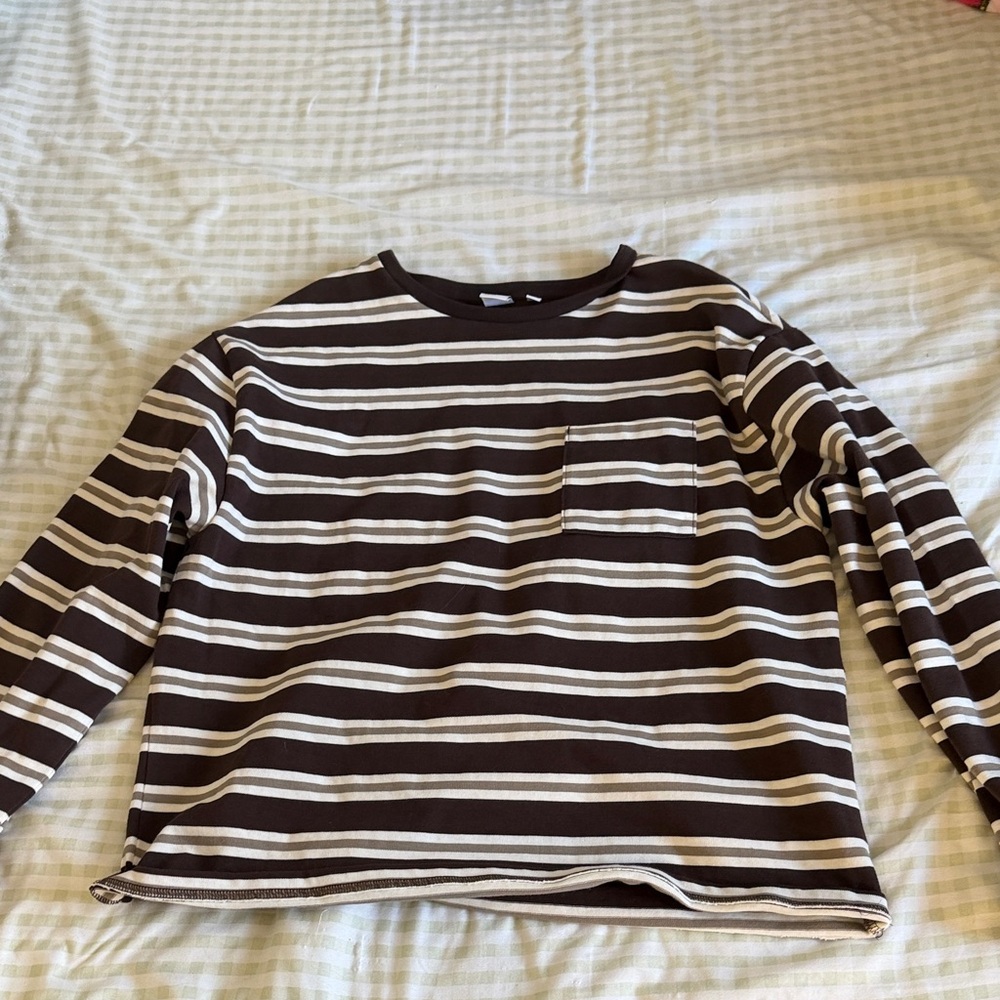 Aritzia Long Sleeve Brown and White Striped Pocket Tee